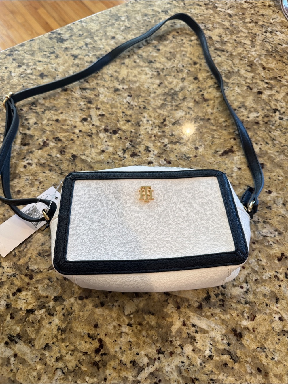 Tommy Hilfiger White Pebbled Crossbody with Black Trim and Gold Logo
